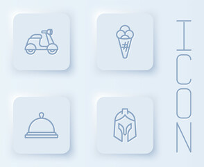 Set line Scooter, Ice cream in waffle, Covered with tray of food and Roman army helmet. White square button. Vector
