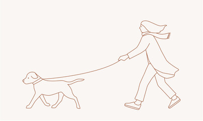 Woman in autumn clothing walking her dog in line art