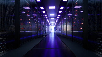Network And Data Servers Behind Glass Panels In A Server Room Of A Data Center Or Isp, 3d Rendering