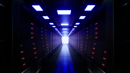Network And Data Servers Behind Glass Panels In A Server Room Of A Data Center Or Isp, 3d Rendering