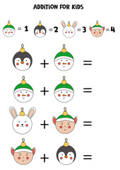 Addition for kids with cute cartoon Christmas balls.