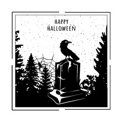 landscape for Halloween in a square frame. headstone, crow, forest, cobweb and spider. vector. silhouette. eps