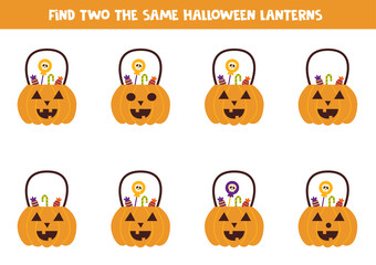 Find two identical Halloween pumpkins with sweets. Educational game for preschool children.