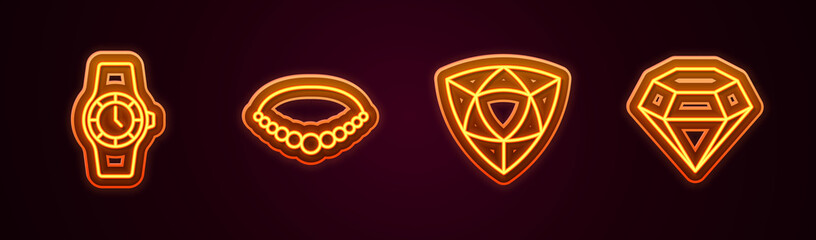 Set line Wrist watch, Pearl necklace, Diamond and . Glowing neon icon. Vector
