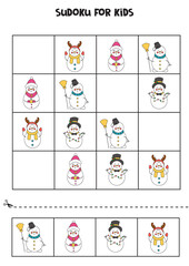 Sudoku game for kids with cute cartoon snowmen.