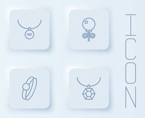 Set line Locket on necklace, Stud earrings, Diamond engagement and Pendant. White square button. Vector