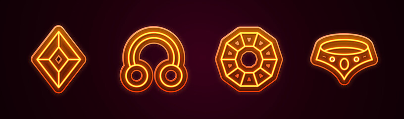 Set line Gem stone, Piercing, Diamond and Necklace. Glowing neon icon. Vector