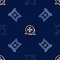 Set line Medieval bow and arrow, flag and Crusade on seamless pattern. Vector