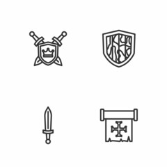Set line Crusade, Medieval sword, Shield with swords and icon. Vector
