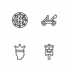 Set line Medieval flag, King crown, Round wooden shield and catapult icon. Vector