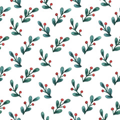 Christmas background of mistletoe sprigs with berries. Watercolor hand painted illustration. Winter holiday print can be used for packaging, wrapping paper, textile, home decor
