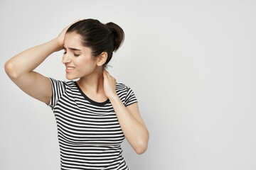 woman holding his head migraine depression isolated background