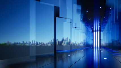 Company background, blue glass panels along the extended corridor, 3D illustration 
