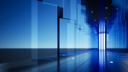 Company background, blue glass panels along the extended corridor, 3D illustration 