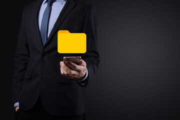 Businessman hold folder icon.Document Management System or DMS setup by IT consultant with modern...
