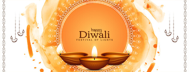 Happy Diwali festival yellow watercolor elegant banner design - obrazy, fototapety, plakaty