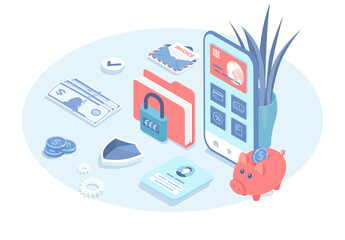 Mobile banking app. Online payment by credit card via electronic wallet.  Internet banking application on a screen. Vector illustration in 3d design. Isometric web banner.
