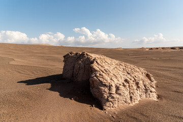 Fototapeta na wymiar the formation of kaluts or sand stones or yardang in dasht e lut or sahara desert, iran. Nature and landscapes of desert. Middle East desert