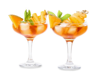 Glasses of delicious melon cocktail isolated on white background