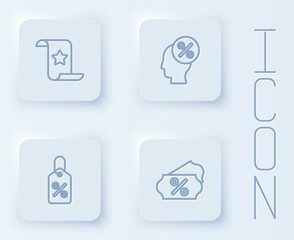 Set line Paper check and financial check, Discount percent tag, and . White square button. Vector