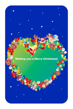 ハートのリースの英文の挨拶の入ったクリスマスカード