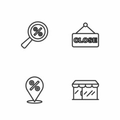 Set line Market store, Location with percent, Magnifying glass and Hanging sign text Closed icon. Vector