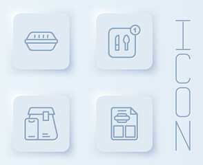 Set line Lunch box, Food ordering, Online food and Restaurant cafe menu. White square button. Vector