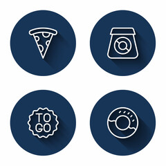 Fototapeta premium Set line Slice of pizza, Online ordering food, Coffee cup to go and Donut with long shadow. Blue circle button. Vector