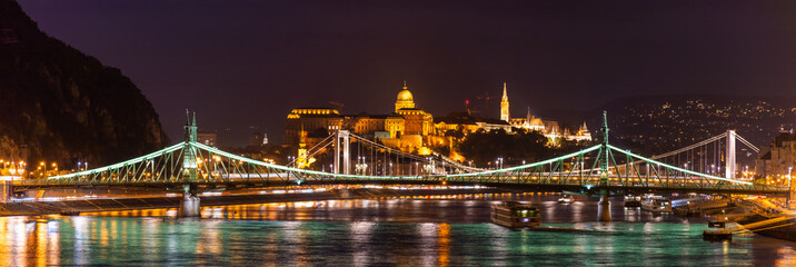 Night Budapest, Buda Palace on the background of bridges, panorama of the city