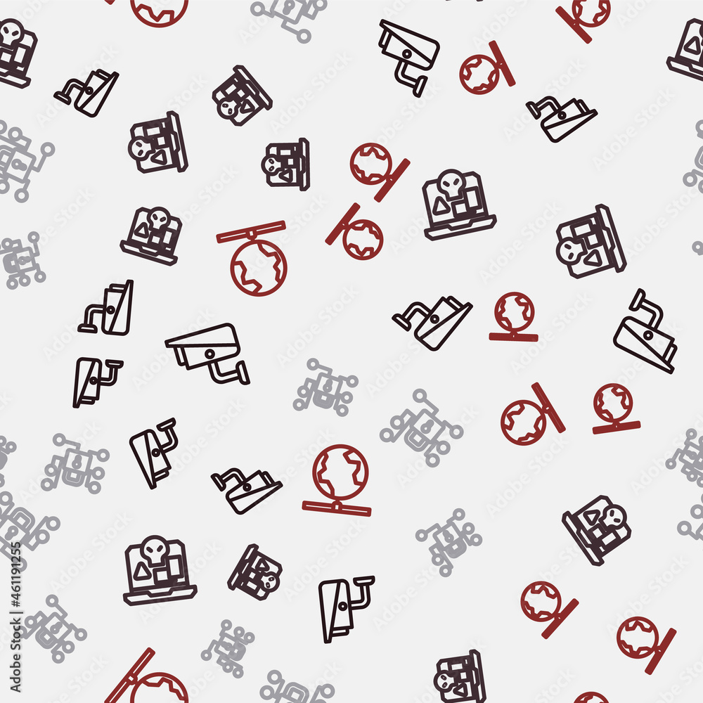 Poster Set line Security camera, Internet piracy, Cyber security and Global technology on seamless pattern. Vector