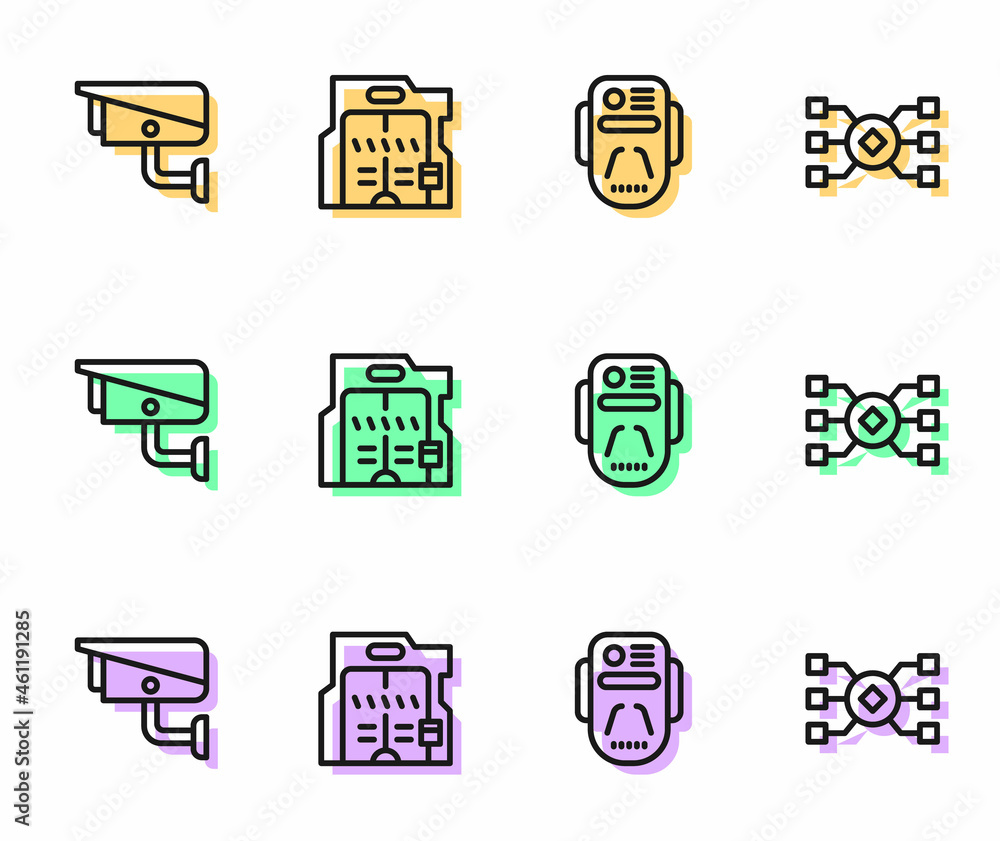 Poster set line artificial intelligence robot, security camera, futuristic sliding doors and neural network
