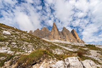 Mountain peaks of the Sesto Dolomites. South rock face of three peaks of Lavaredo (Drei Zinnen or Tre Cime di Lavaredo), UNESCO world heritage site, Trentino-Alto Adige and Veneto, Italy, Europe.