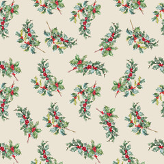 Naklejka na ściany i meble Beautiful floral christmas seamless pattern with hand drawn watercolor holly branches. Stock 2022 winter illustration.