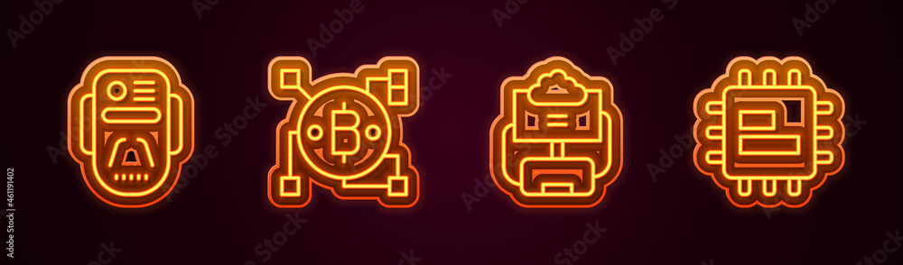 Poster set line artificial intelligence robot, blockchain technology bitcoin, cloud database and processor 