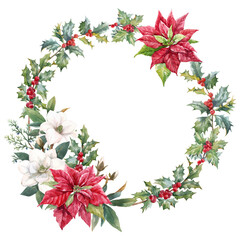 Beautiful floral christmas wreath with hand drawn watercolor winter flowers such as red poinsettia and holly branch. Stock 2022 winter illustration.