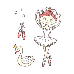 Little cute ballerina in pointe shoes and swan with crown. Isolated vector illustration in doodle style on white background
