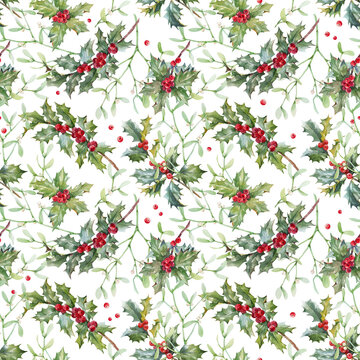Beautiful floral christmas seamless pattern with hand drawn watercolor holly branches. Stock 2022 winter illustration.