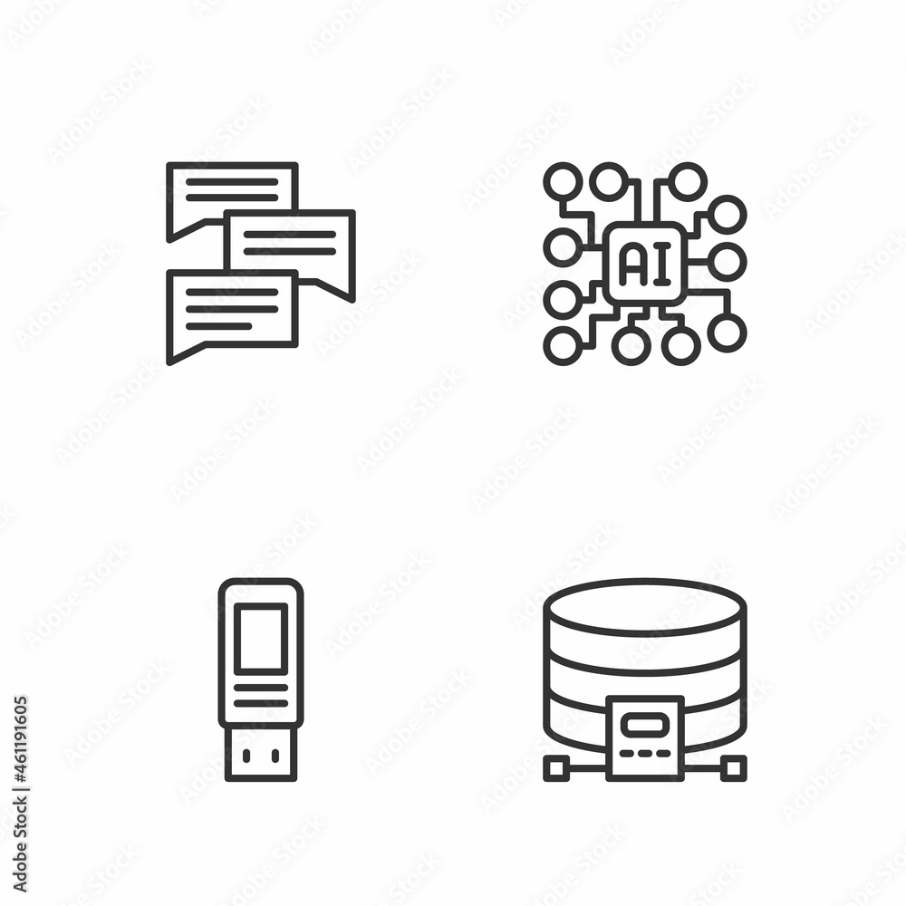 Poster Set line Cloud database, USB flash drive, Speech bubble chat and Neural network icon. Vector