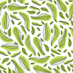 Seamless floral pattern - green leaves on white background.