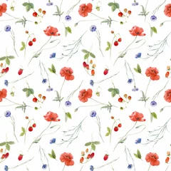 Deurstickers Wit Prachtige vector naadloze bloemmotief met hand getrokken aquarel zachte wilde veld bloemen Korenbloem klaproos. Stock illustration.
