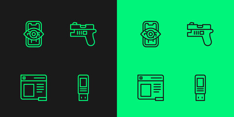 Set line USB flash drive, Browser window, Computer vision and Futuristic weapon icon. Vector