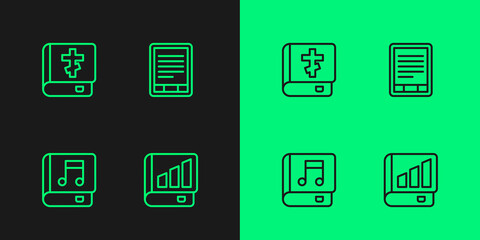 Set line Financial book, Audio, Holy bible and E-Book reader icon. Vector