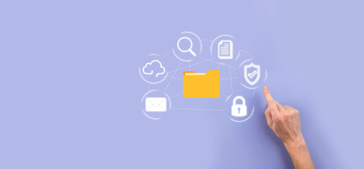 Document Management System DMS .Businessman hold folder and document icon.Software for archiving, searching and managing corporate files and information.Internet Technology Concept.Digital security