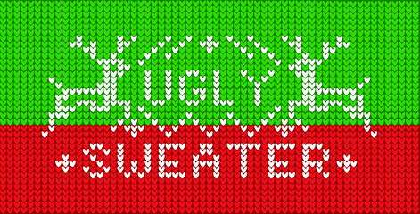 Christmas pattern with lettering ugly sweater and knitting red green vector