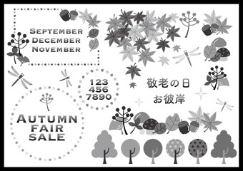 秋のイラスト（モノクロ）