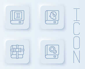 Set line Book, Law book, as gift and about women. White square button. Vector