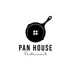 frying pan with house restaurant logo design