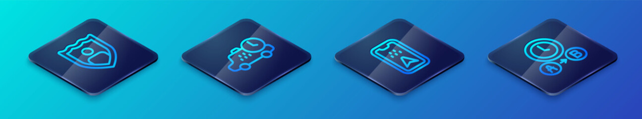 Set Isometric line Infographic of city map, Life insurance with shield, Taxi waiting time and icon. Vector