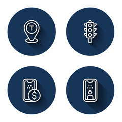 Set line Location taxi car, Traffic light, Mobile banking and Taxi driver license with long shadow. Blue circle button. Vector