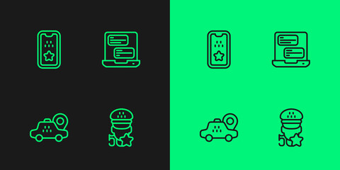 Set line Taxi service rating, Location taxi car, mobile app and icon. Vector